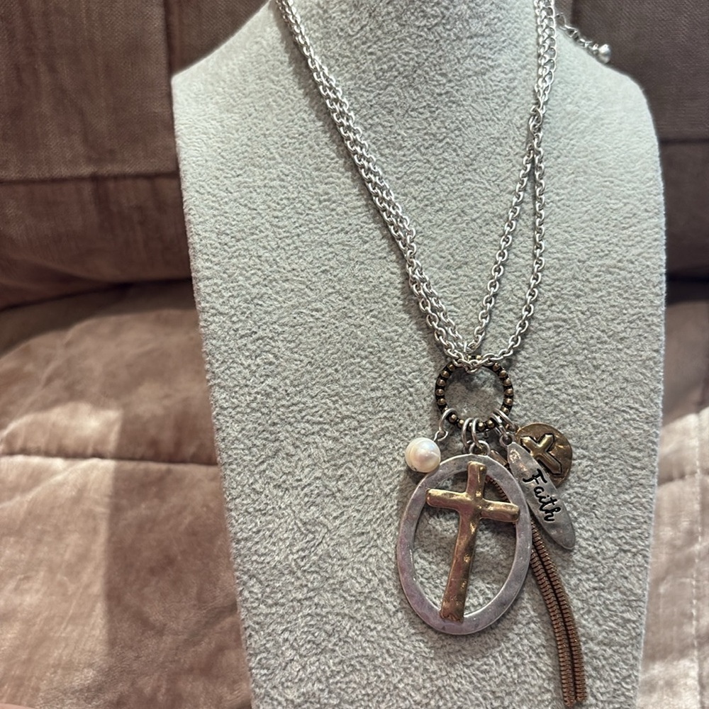 Inspirational Multi Charm Cross Pendant Necklace Pearl Faith 26-27”